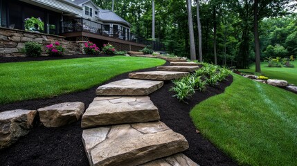 Elegant garden pathway leading to a modern house surrounded by lush greenery and vibrant flowers in the afternoon light