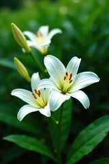 Delicate white lily blooms among lush green foliage, floral, photography