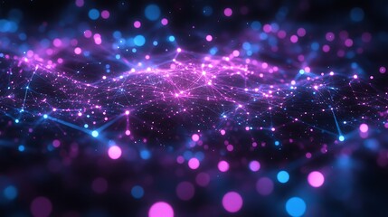 Focused light beams creating a dynamic abstract pattern, luminous with vibrant hues of purple and cyan, data points glowing at intersections, minimalist dark backdrop with sharp contrast,