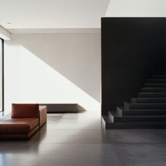 Fototapeta premium Modern interior with couch, staircase, and natural light
