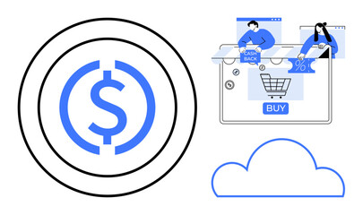 Dollar symbol, online shopping cart, cash back symbol and discount percentage on screen, digital cloud below. Ideal for e-commerce, online retail, financial technology, digital marketing, cloud