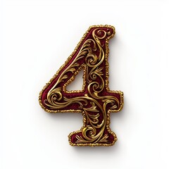 Obraz premium Number 4 made of intricate golden embroidery with delicate swirling patterns on rich red velvet fabric isolated on a clean white background