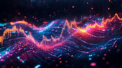 Futuristic liquid waves illuminated with neon colors, fluidly transforming into a digital chart of financial trends, glowing edges and smooth curves,