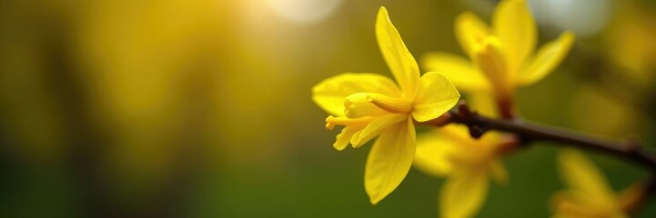Delicate yellow forsythia petals unfolding from a bud, small flowers, blossom