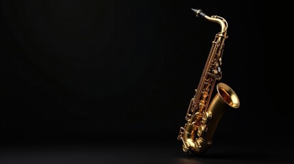 A gleaming golden saxophone rests elegantly against a dark backdrop, ready to produce soulful melodies.