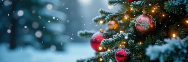 Frozen snowflakes gently fall on a Christmas tree's branches amidst sparkling ornaments, decorations, winter, snow