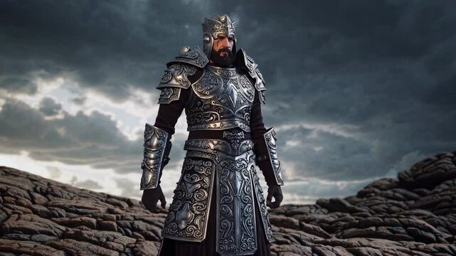 A warrior in ornate armor stands on rocky terrain under a dramatic sky. Low-angle shot enhances the epic, cinematic video game style.