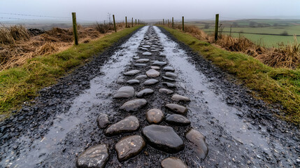 Fototapeta premium Misty rural road, stone path, wet, foggy landscape, travel