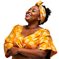Joyful plus-size Black woman portrait, smiling and looking up.  Vibrant yellow traditional dress and headwrap. Isolated on transparent background for versatile design use.