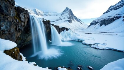 Frozen waterfall cascading down a rocky slope, mountain range, frozen lakes
