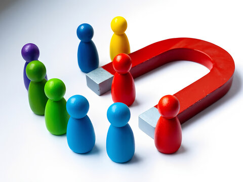 Colorful figurines of people surround red horseshoe magnet. Attracting clients core business strategy. Image represents customer acquisition. Retention strategies. Attracting new customers. Effective