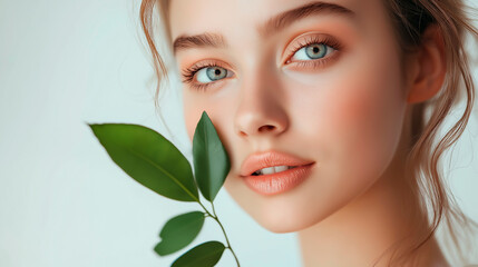 Fototapeta premium A close-up portrait of a young woman with striking eyes, framed by green olive leaves, cosmetics advertising, naturalness