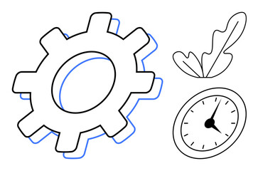 Bold gear, clock, and leaf in flat, abstract style. Ideal for concepts of productivity, time management, ecology, balance industrialization growth and harmony. Abstract line flat metaphor