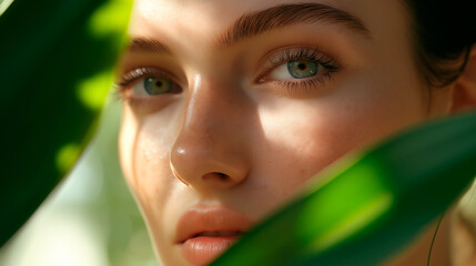 A close-up portrait of a young woman with striking  eyes, framed by green olive leaves, cosmetics advertising, naturalness
