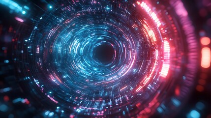 Obraz premium Luminous vortex swirling dynamically, glowing neon gradients of teal and magenta forming abstract financial patterns, intricate curves and radiant edges, sleek futuristic dark background,