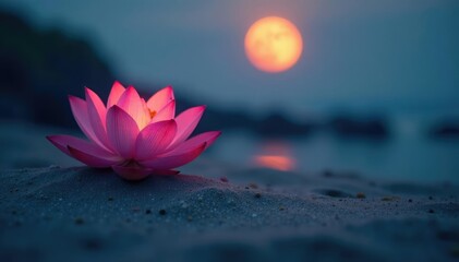 Full moon's soft illumination reveals a blooming lotus in the tranquility of sea sand landscape, soft focus, bloom, flower