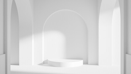 Fototapeta premium A white room with a white archway and a white pedestal. The room is empty and the archway is open premium photo 3d render