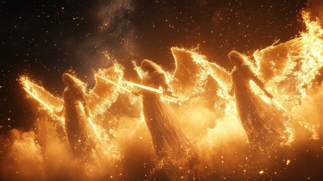 Angels in the heaven with fire swords
