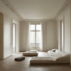 Minimalist living room interior with low sofa and herringbone floor.