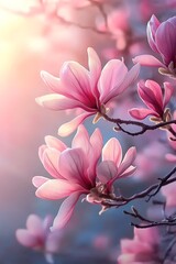 Pink magnolia blossoms in sunlight.