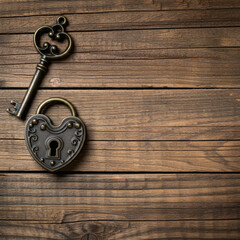Vintage heart lock and key on aged wooden background antique love concept nostalgic romantic rustic Valentine&rsquo;s Day theme