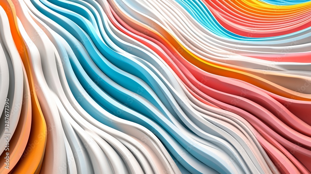 Poster Colorful abstract wave pattern with flowing lines in red, blue, orange, and white hues. Modern art and creative design concept.