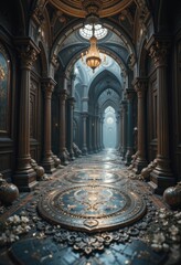 Obraz premium Grand Ornate Palace Hallway Interior Architecture Design Elegant Dark Blue Gold Floor Detail