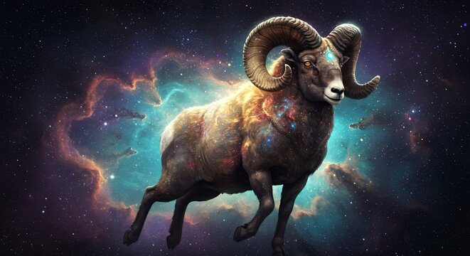 An aries ram is shown amongst a cosmic background