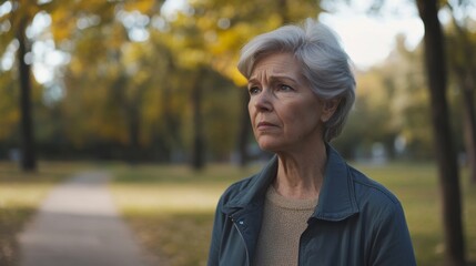 Dementia symptoms in a senior woman getting lost during a walk in the park. Featuring confusion and fear