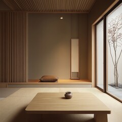 Minimalist Japanese Interior with Tatami Mat and Garden View