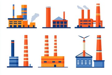Obraz premium A collection of illustrated factories showcasing different designs and emissions, highlighting industrial themes in a colorful style.