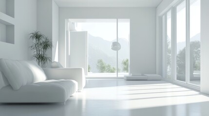 Fototapeta premium Minimalist white living room with mountain view