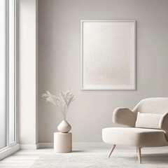 Minimalist interior with armchair, artwork, and vase