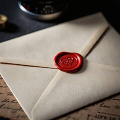 Romantic vintage envelope with red wax seal heart stamp symbolizing love and nostalgia for wedding invitations and letters