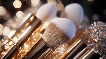 Beauty-focused close-up of high-quality makeup brushes, highlighting soft bristles and precise tools for different makeup applications.