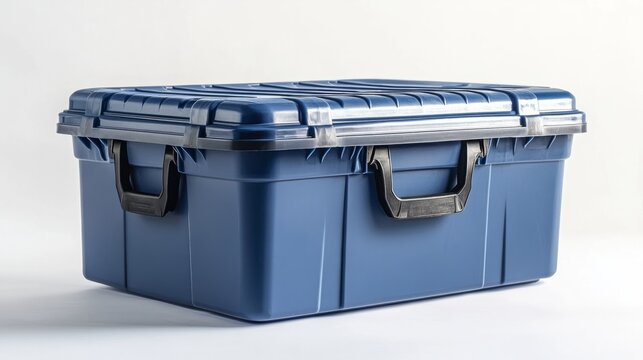 A large plastic storage bin with a secure lid and handles, isolated on a white background 
