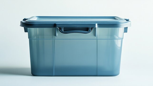 A large plastic storage bin with a secure lid and handles, isolated on a white background 