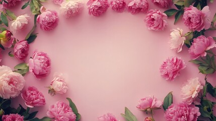51.A top-down view of lush pink peony roses forming a floral frame on a smooth pastel pink surface, with a central blank area for a personalized message.