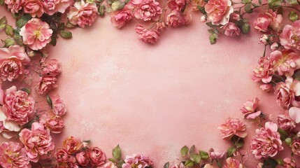 51.A top-down view of lush pink peony roses forming a floral frame on a smooth pastel pink surface, with a central blank area for a personalized message.