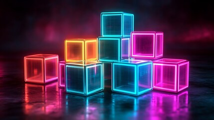 Stacked 3D cubes glowing with vibrant neon colors, abstract representation of financial growth, dynamic arrangement forming statistical data patterns, smooth reflective surfaces,