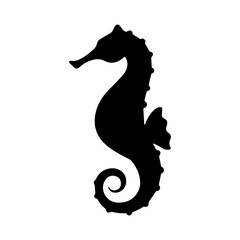 Black filled icon in the shape of a seahorse. © Kotchakorn