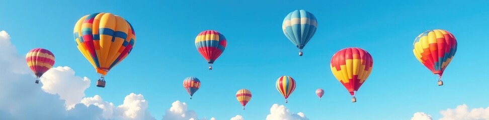 Naklejka premium Brightly colored hot air balloons fill the clear blue sky with their shapes, airships, blue sky