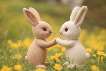Obraz premium Meadow scene with handcrafted felt bunnies and yellow blooms, tender Easter moment.