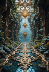 Enchanting Golden Pathway Through Lush Fantasy Garden with Ornate Architecture and Celestial Sun Ornaments