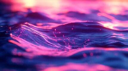 Surreal rippling waves visualizing statistical data flow, luminous gradients of teal and magenta blending into dynamic patterns, glowing nodes on the ripples,