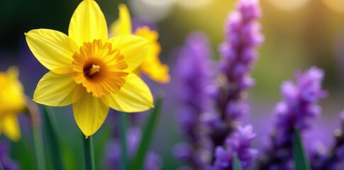 Bright yellow daffodil stems amidst purple petals, bloom, flowers, yellow