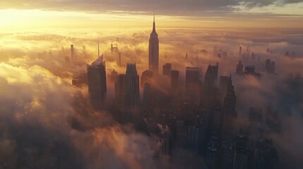 Golden Sunrise Over Manhattan Skyline Enveloped In Clouds