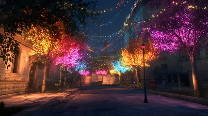 Colorful Illuminated Trees Line Snowy Street at Night