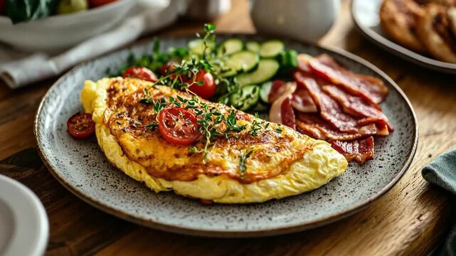 This vibrant omelet showcases fresh ingredients. With tomatoes and greens, it is an ideal breakfast choice. Taste and nutrition combine beautifully in this dish. Generative AI.