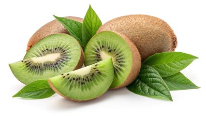 Fototapeta premium Fresh kiwi slices with green leaves, isolated on a white background.